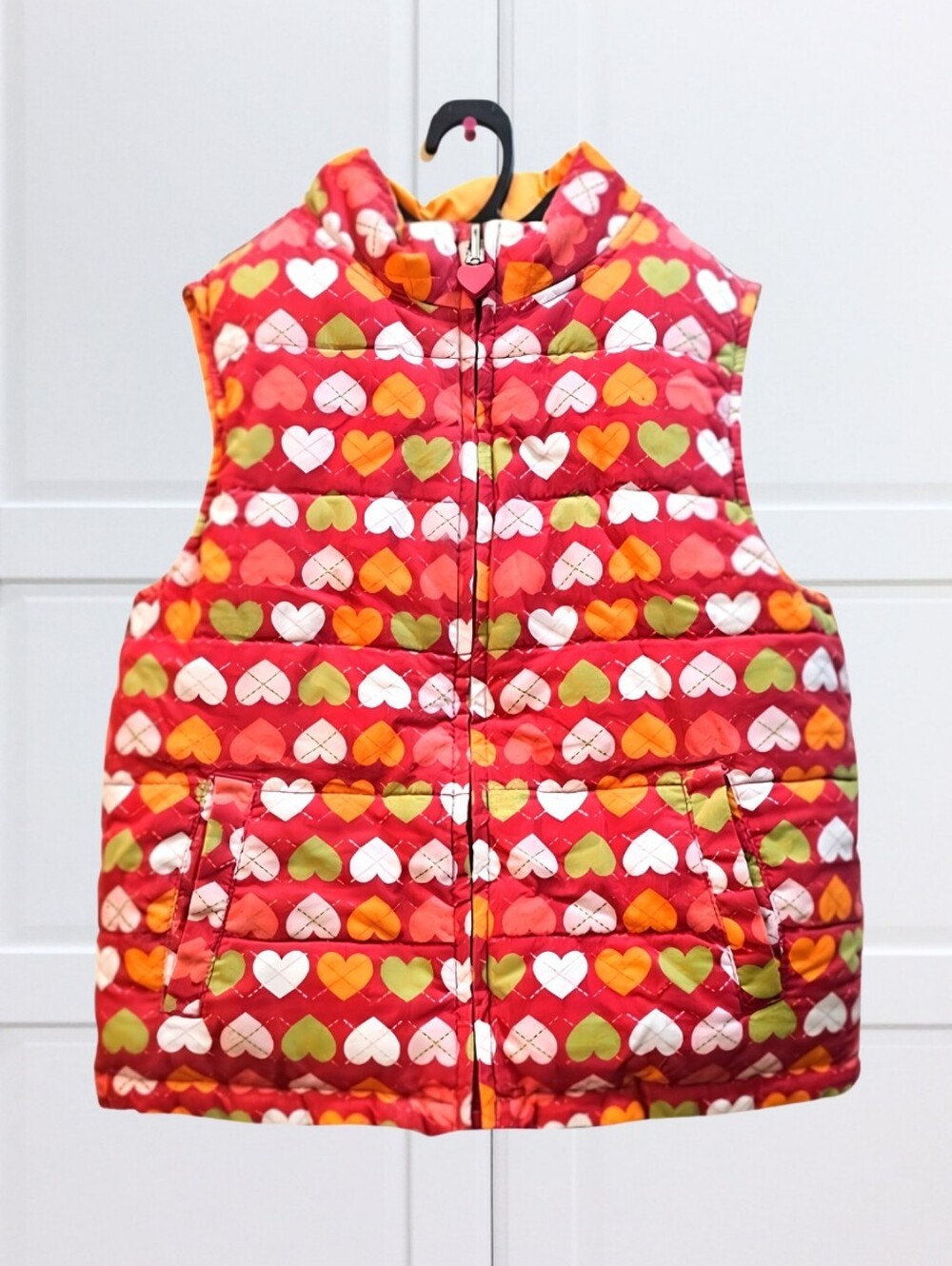 Gymboree Girls Heart Print Puffer Vest Size 7-8 Red Quilted Hooded